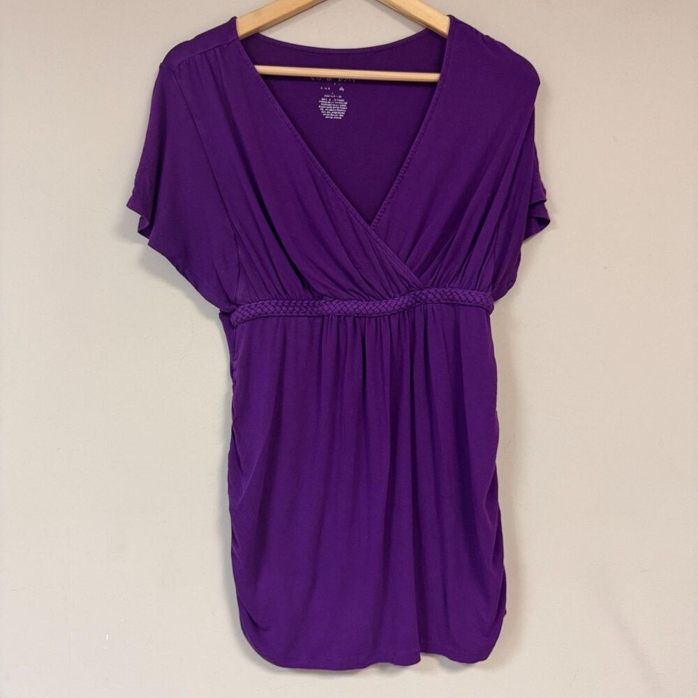 Liz Lang Tunic Maternity Shirt Purple Women's Large Top V-Neck Short Sleeve